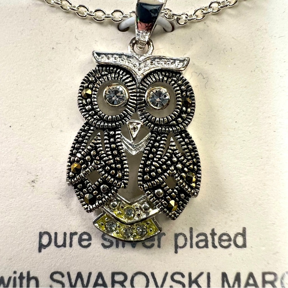 New in Box Sparkle & Allure Silver Swarovski Marcasite Owl Necklace